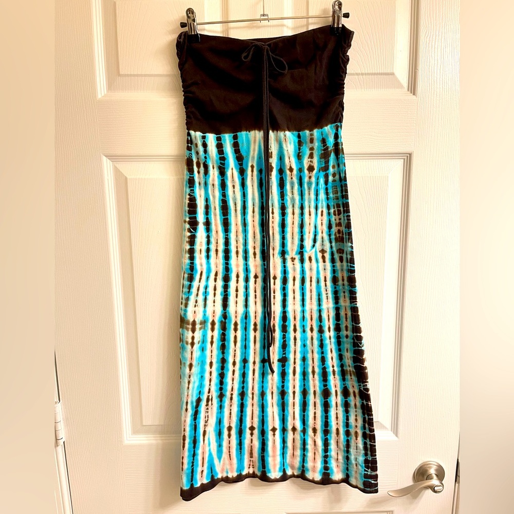 Strapless knit tie dye beach dress, Size S/M, brown, blue and pink tie dye.